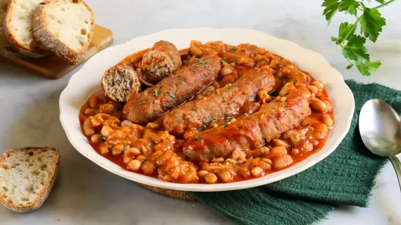 Piatto di salsiccia e fagioli in umido, servito con pane tostato.